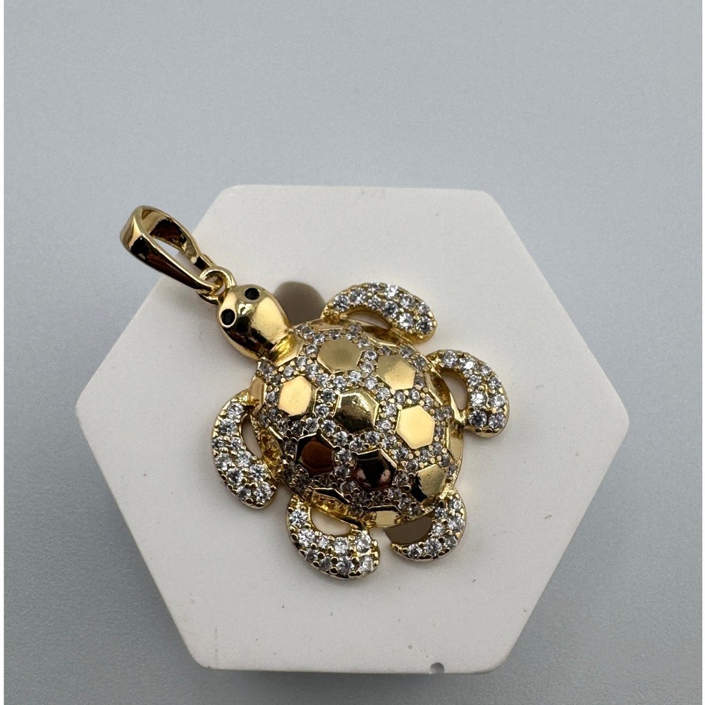 14k Gold Plated Turtle Pendant Cubic Zirconia Pave Sea Turtle Charm Gold Jewelry
